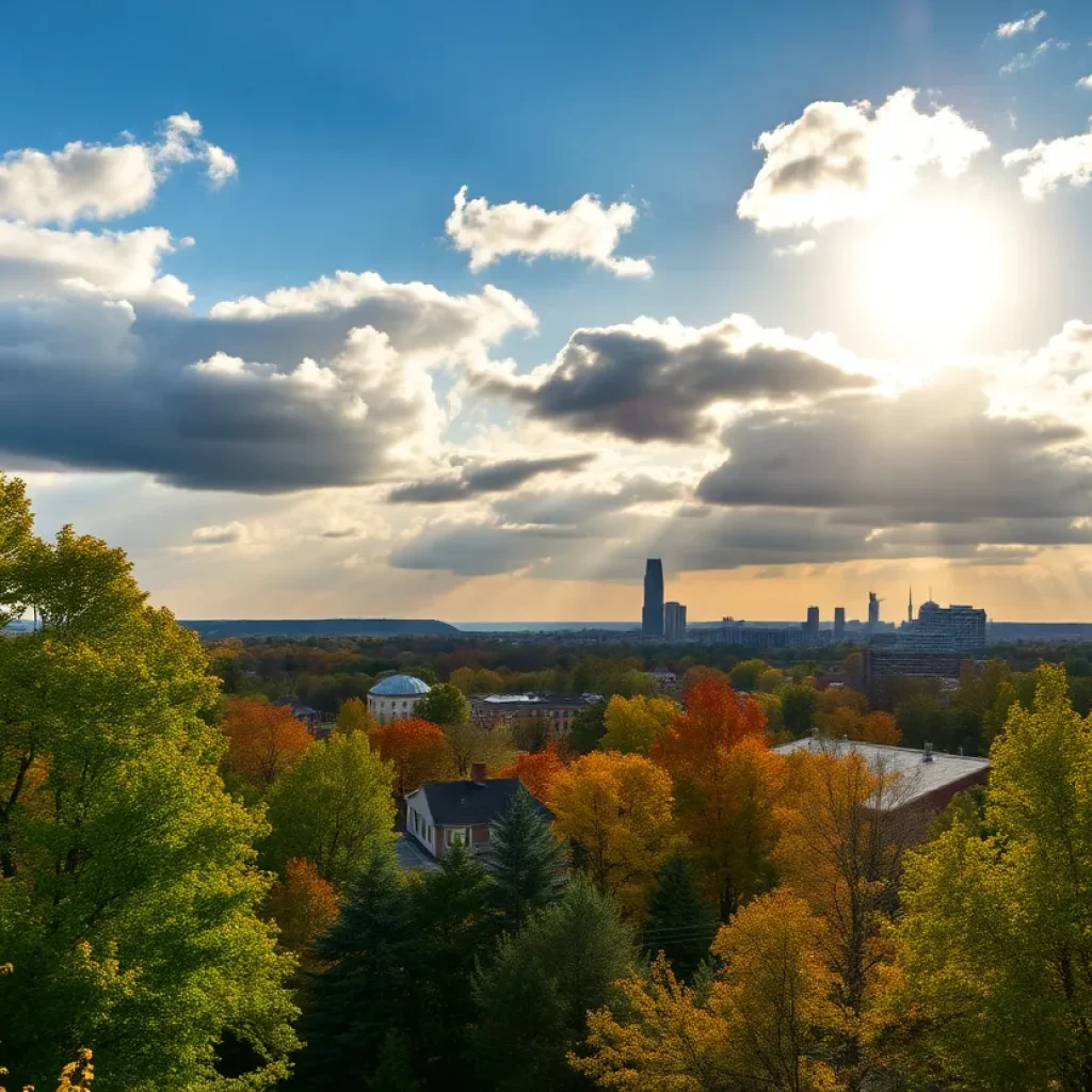 A landscape view of Metro Detroit with clouds and sun, showcasing early fall colors.
