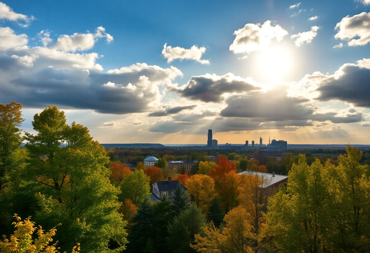 A landscape view of Metro Detroit with clouds and sun, showcasing early fall colors.
