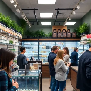 Inside a Michigan cannabis dispensary with customers and products on display.
