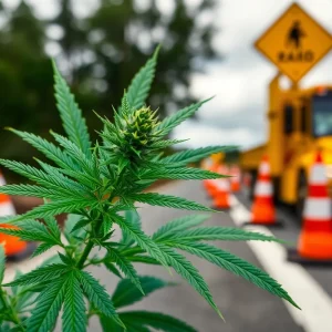 Cannabis plant with road construction background