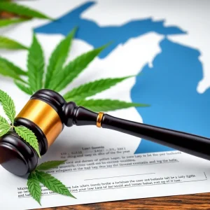 Gavel and cannabis leaves with Michigan state outline