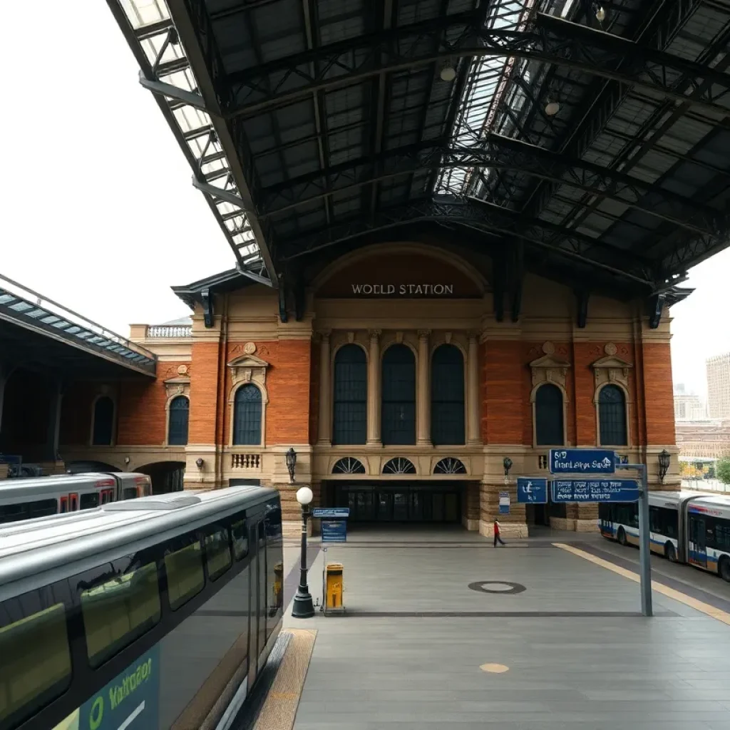 Exterior view of Michigan Central Station renovated as a modern transit hub with trains, buses and city skyline