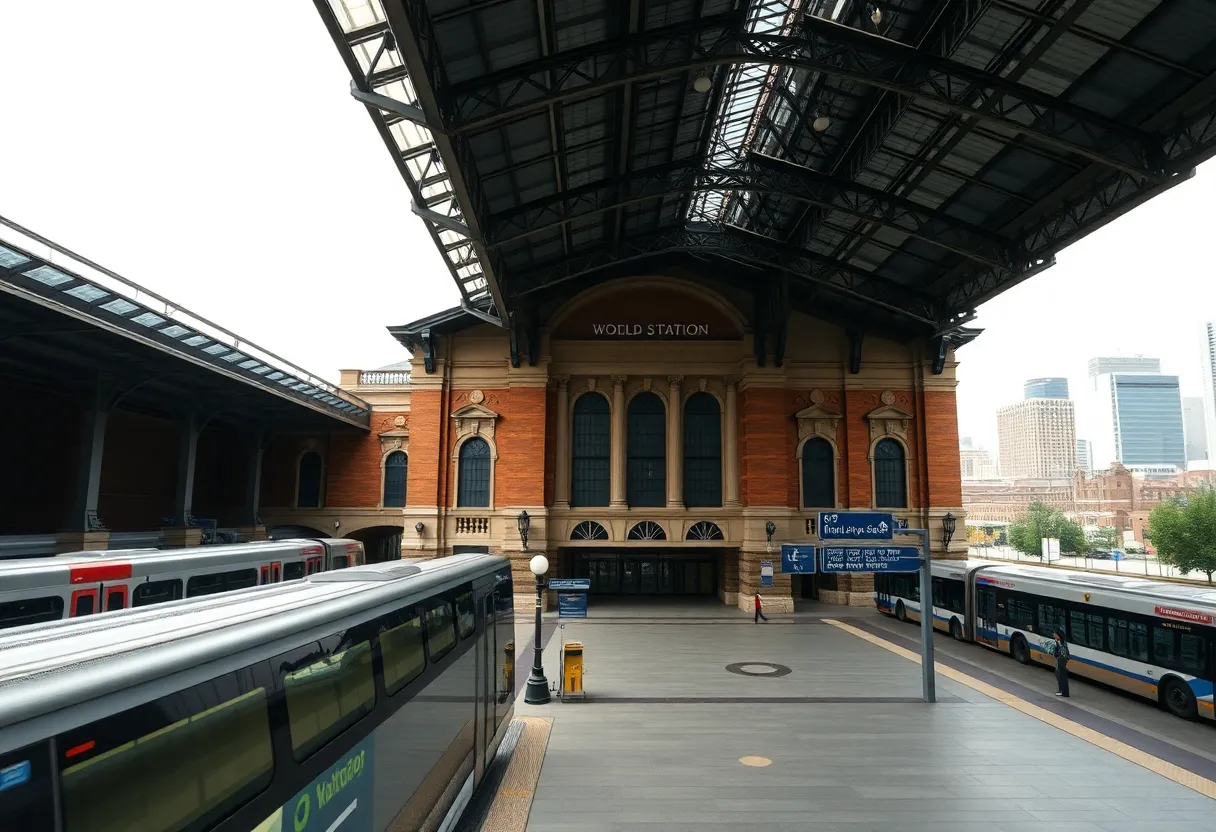 Exterior view of Michigan Central Station renovated as a modern transit hub with trains, buses and city skyline