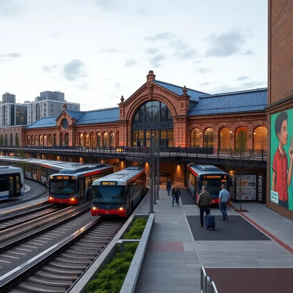 Restored historic train station integrated with a modern transit hub, buses and passengers in Corktown Detroit