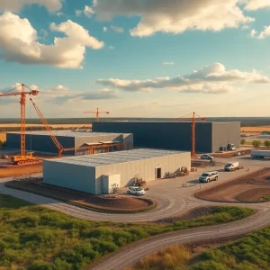 Illustration of a Michigan electric vehicle battery plant in a natural landscape.