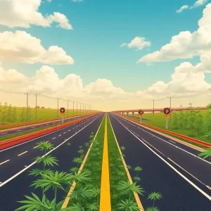 Illustration of Michigan's infrastructure and marijuana plants