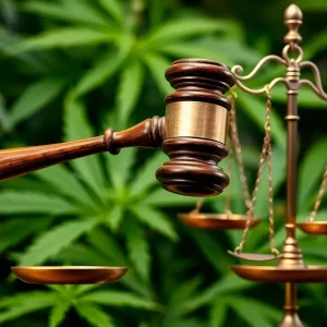 A gavel and justice scale with cannabis leaves