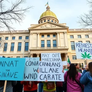 Protesters outside Michigan Senate Building opposing marijuana tax