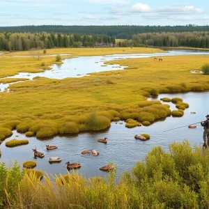 Michigan natural landscape with wildlife and fishing activities