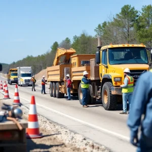 Workers on a Michigan road construction site