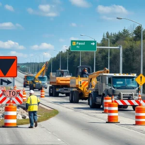 Construction workers on a Michigan highway managing road construction.