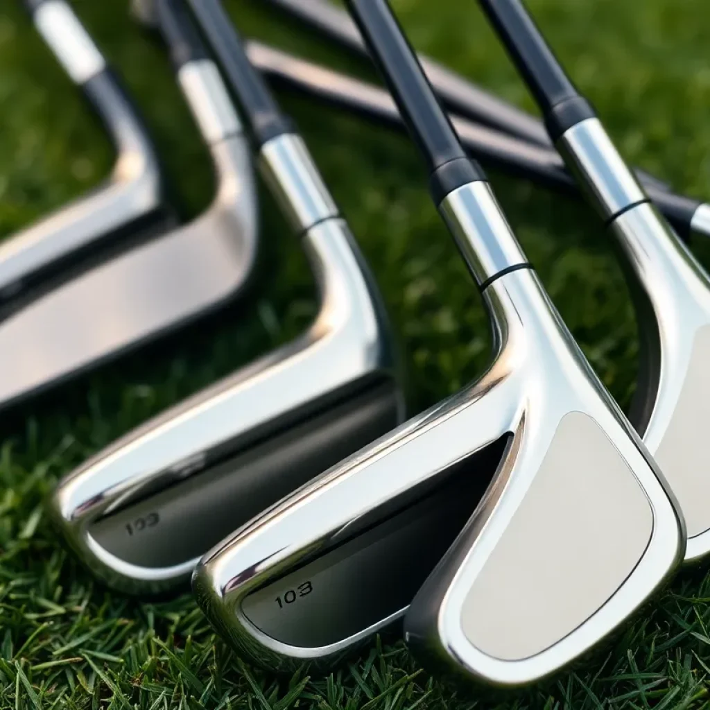 Close-up of Miura Golf KM-Baby Blades on green grass