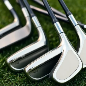 Close-up of Miura Golf KM-Baby Blades on green grass