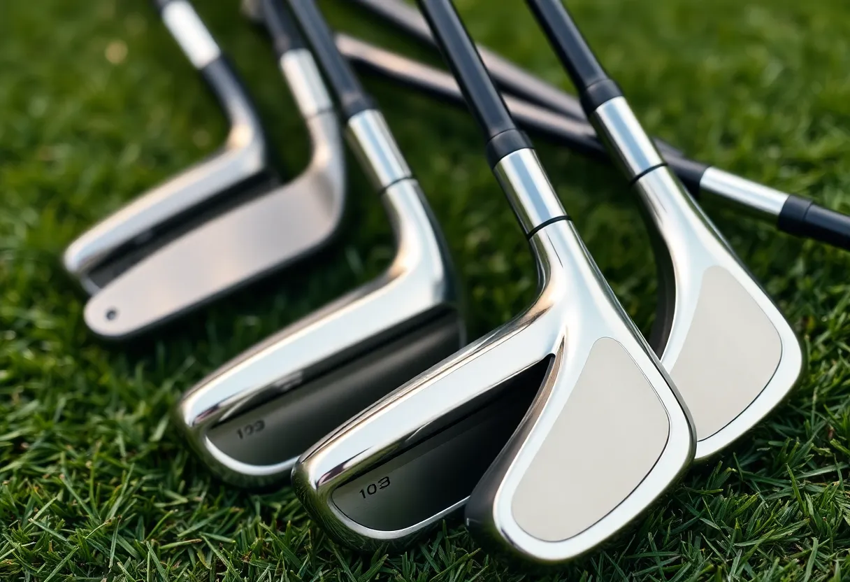 Close-up of Miura Golf KM-Baby Blades on green grass