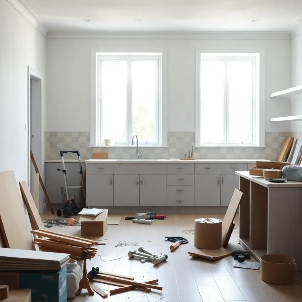 A modern kitchen under renovation with construction materials