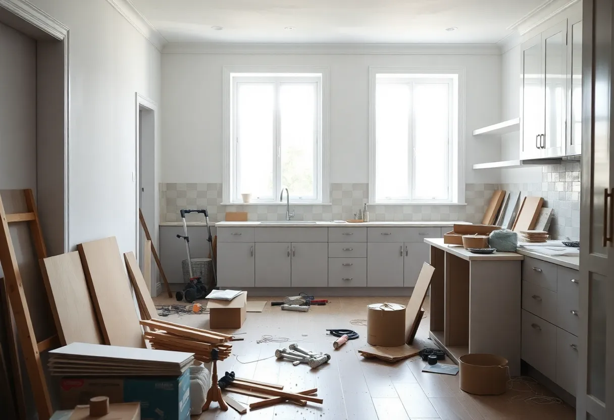 A modern kitchen under renovation with construction materials