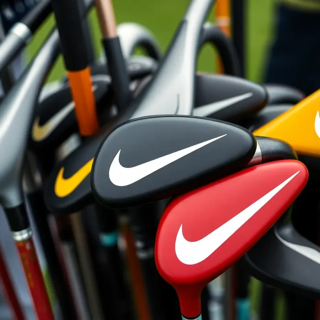 A collection of Nike golf clubs displayed on a golf course.
