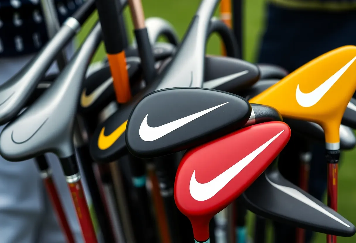 A collection of Nike golf clubs displayed on a golf course.