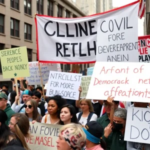 Participants at the No Kings protest rally holding signs and banners.