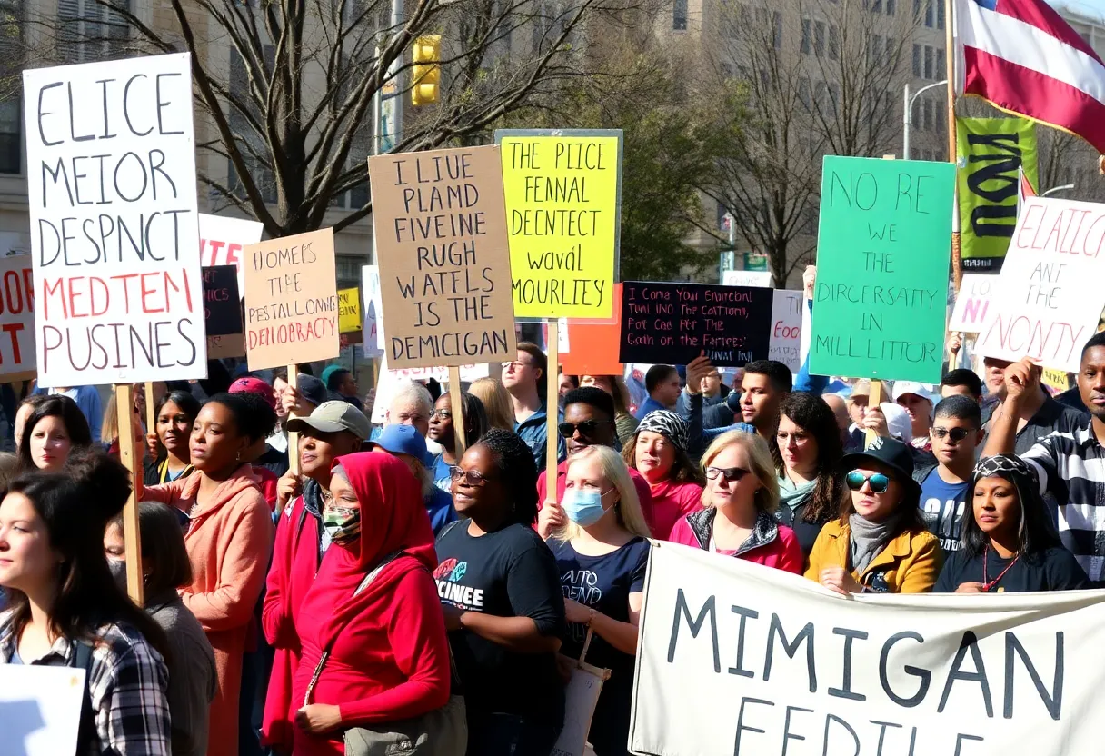 Crowds protesting for civil rights in Michigan