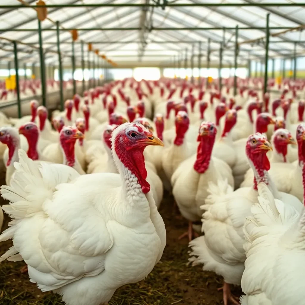 Commercial turkeys on a farm in Ottawa County, Michigan, with biosecurity measures in place.