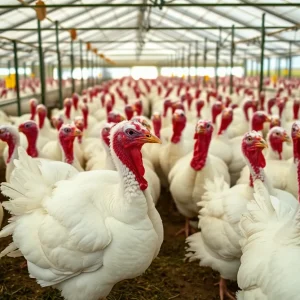 Commercial turkeys on a farm in Ottawa County, Michigan, with biosecurity measures in place.
