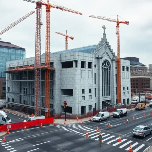Sponsored Articles Large church building under construction at a Detroit intersection with cranes, scaffolding, and a newly paved parking lot