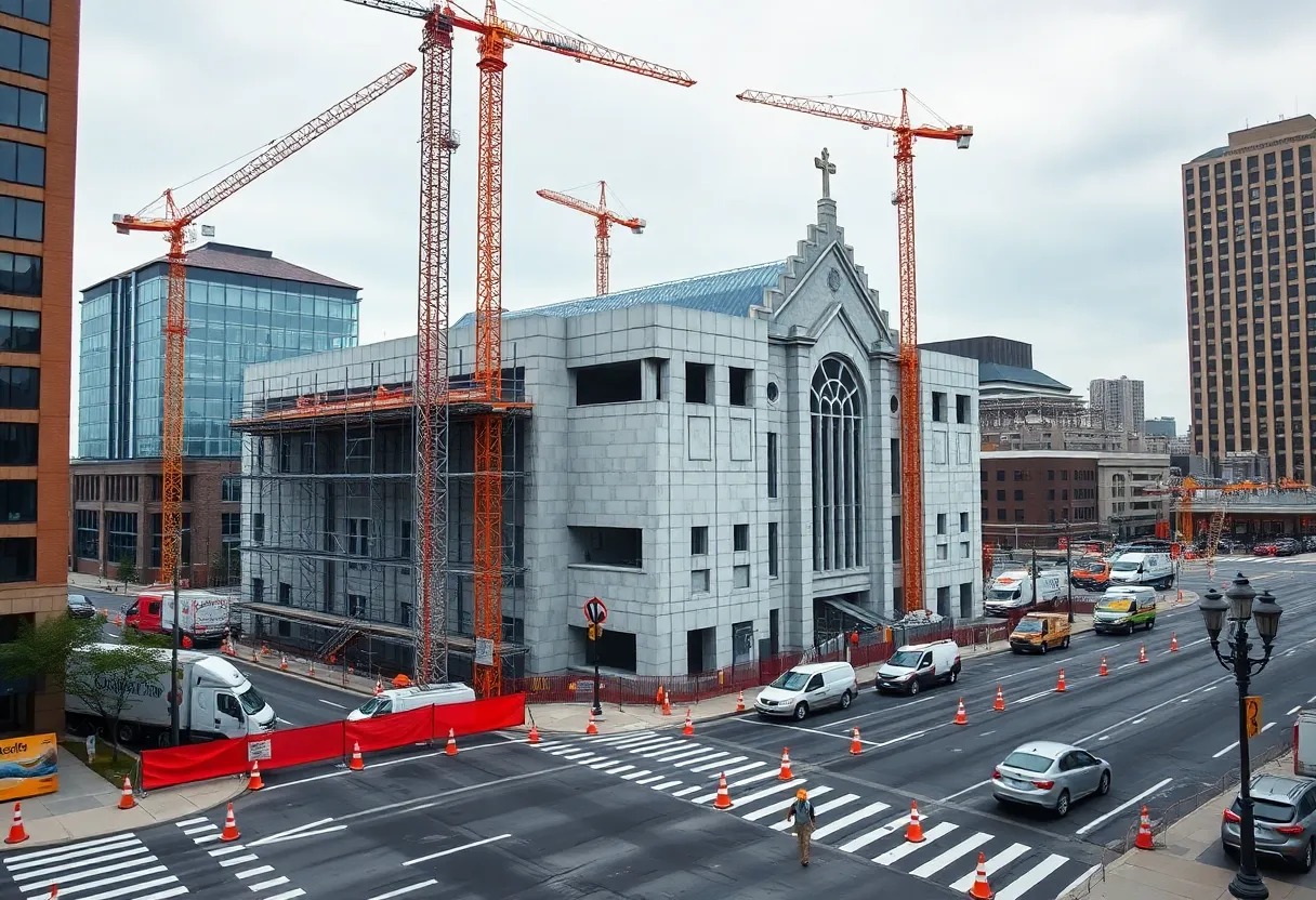 Large church building under construction at a Detroit intersection with cranes, scaffolding, and a newly paved parking lot