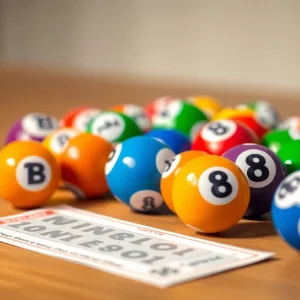 Colorful Powerball lottery balls and winning ticket