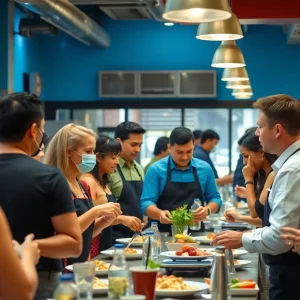 Restaurant workers in a vibrant atmosphere celebrating new tax exemptions.