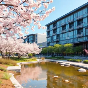 A picturesque view of Sakura Novi with cherry blossoms and a tranquil pond