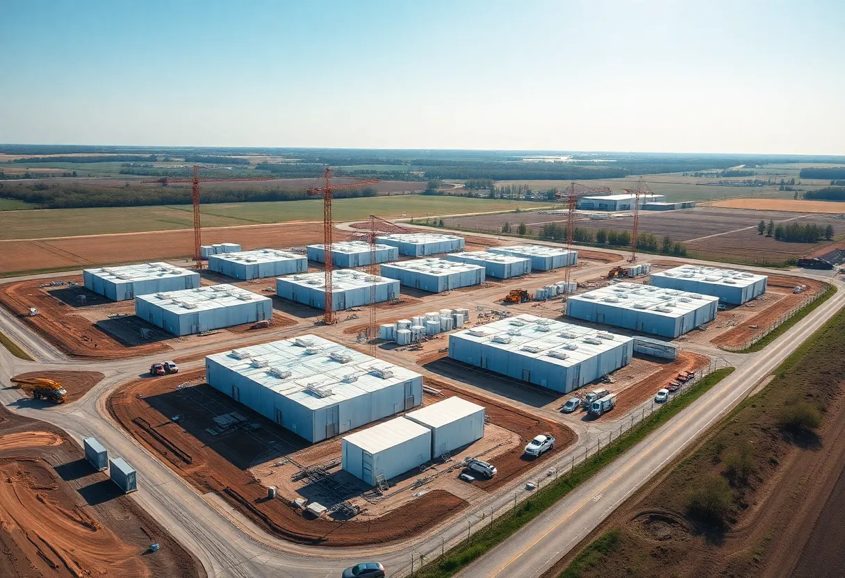 Aerial view of data center campus construction with server buildings and battery storage in Michigan