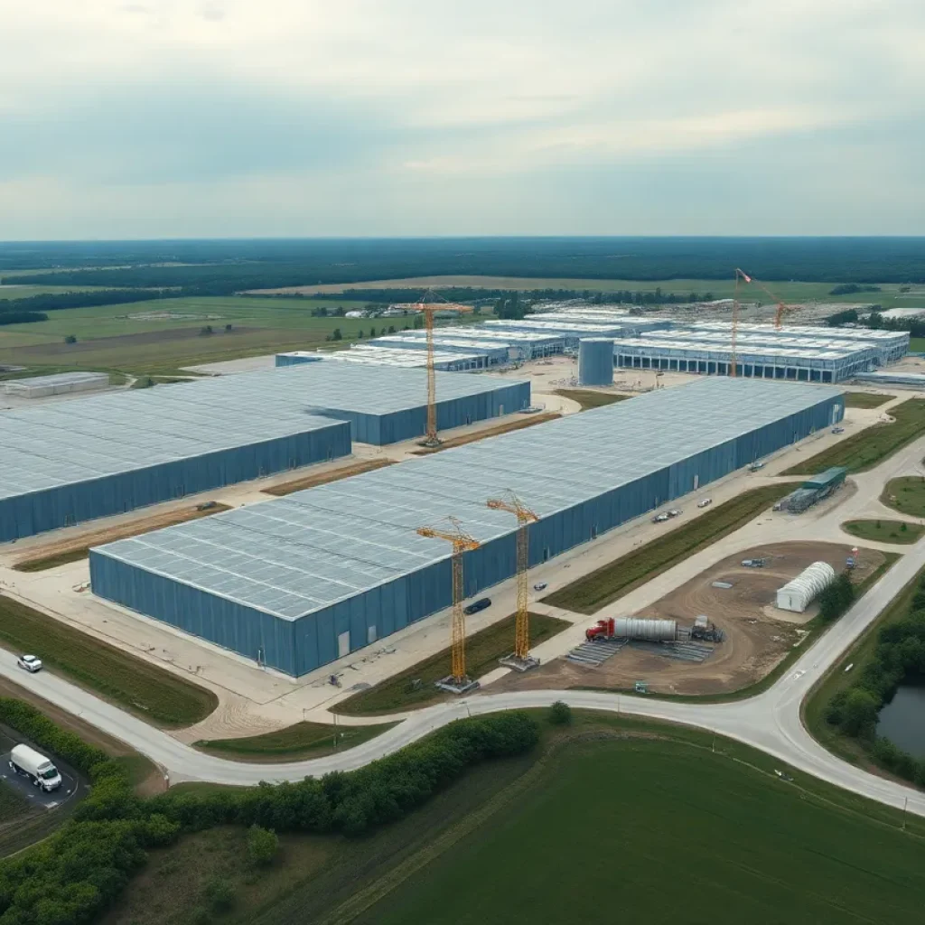 Aerial rendering of planned 1-gigawatt data center campus with buildings, closed-loop cooling, battery storage and preserved green spaces in Saline Township