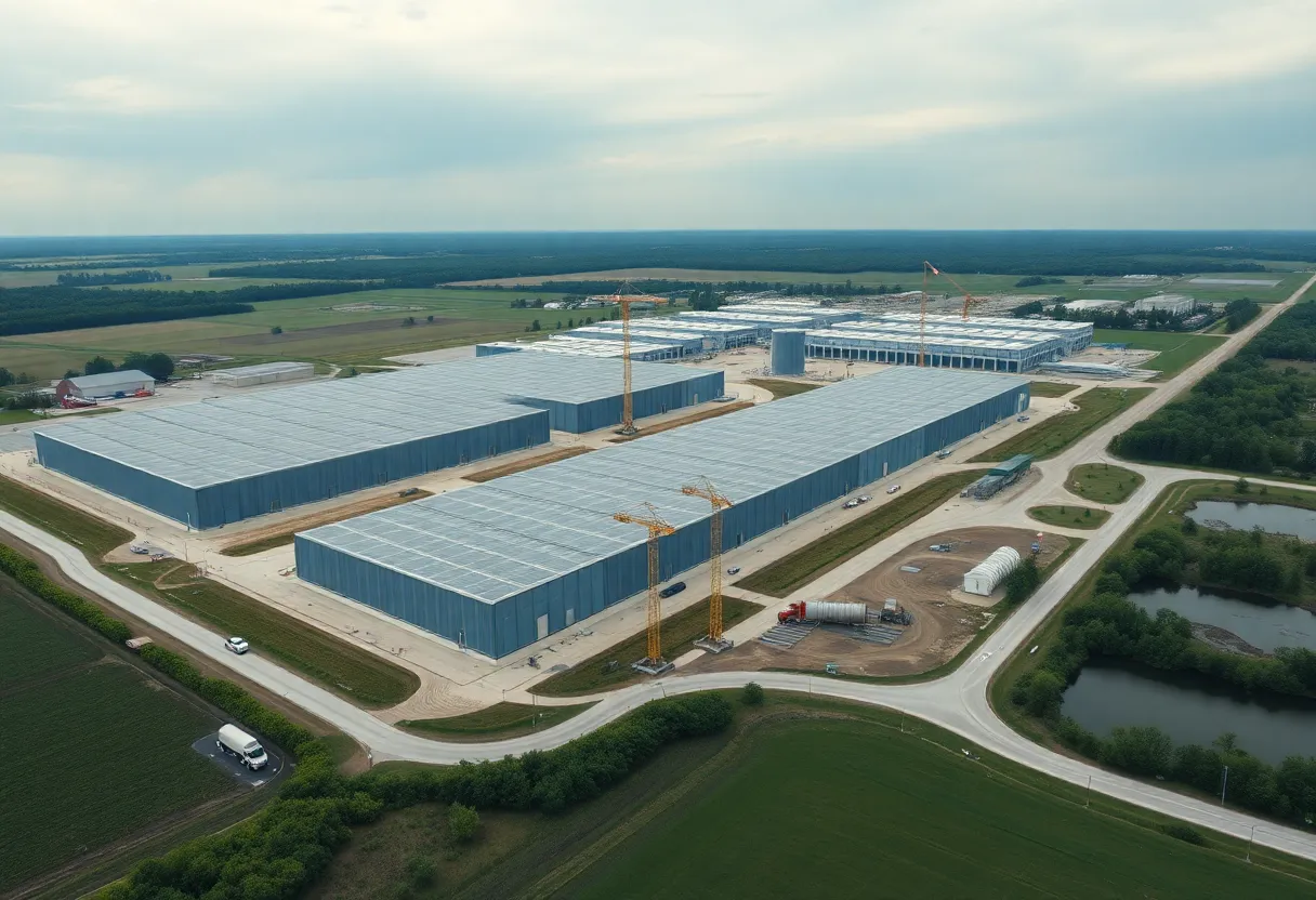 Aerial rendering of planned 1-gigawatt data center campus with buildings, closed-loop cooling, battery storage and preserved green spaces in Saline Township