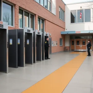 Security measures at a school including metal detectors and security personnel