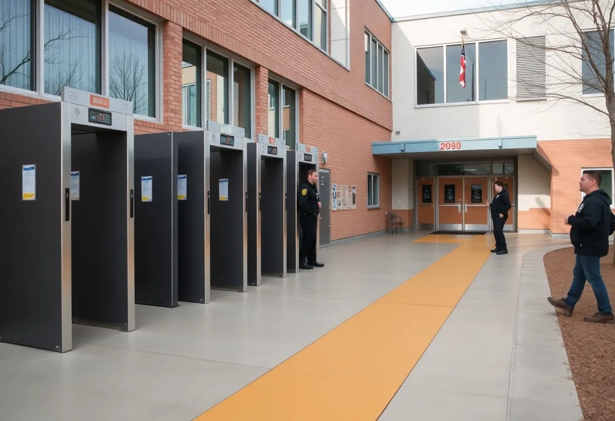 Security measures at a school including metal detectors and security personnel