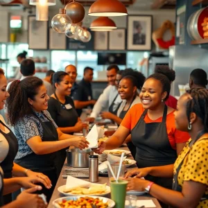 Service workers in a restaurant smiling and interacting with customers.