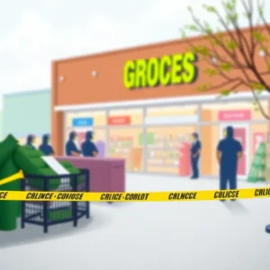 Scene at grocery store entrance after stabbing incident