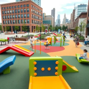 Inclusive playground at Spirit Plaza in downtown Detroit with adaptive equipment and seating