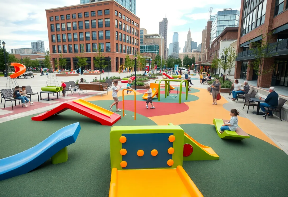 Inclusive playground at Spirit Plaza in downtown Detroit with adaptive equipment and seating