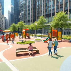 Rendering of inclusive playground at Spirit Plaza with accessible equipment and families