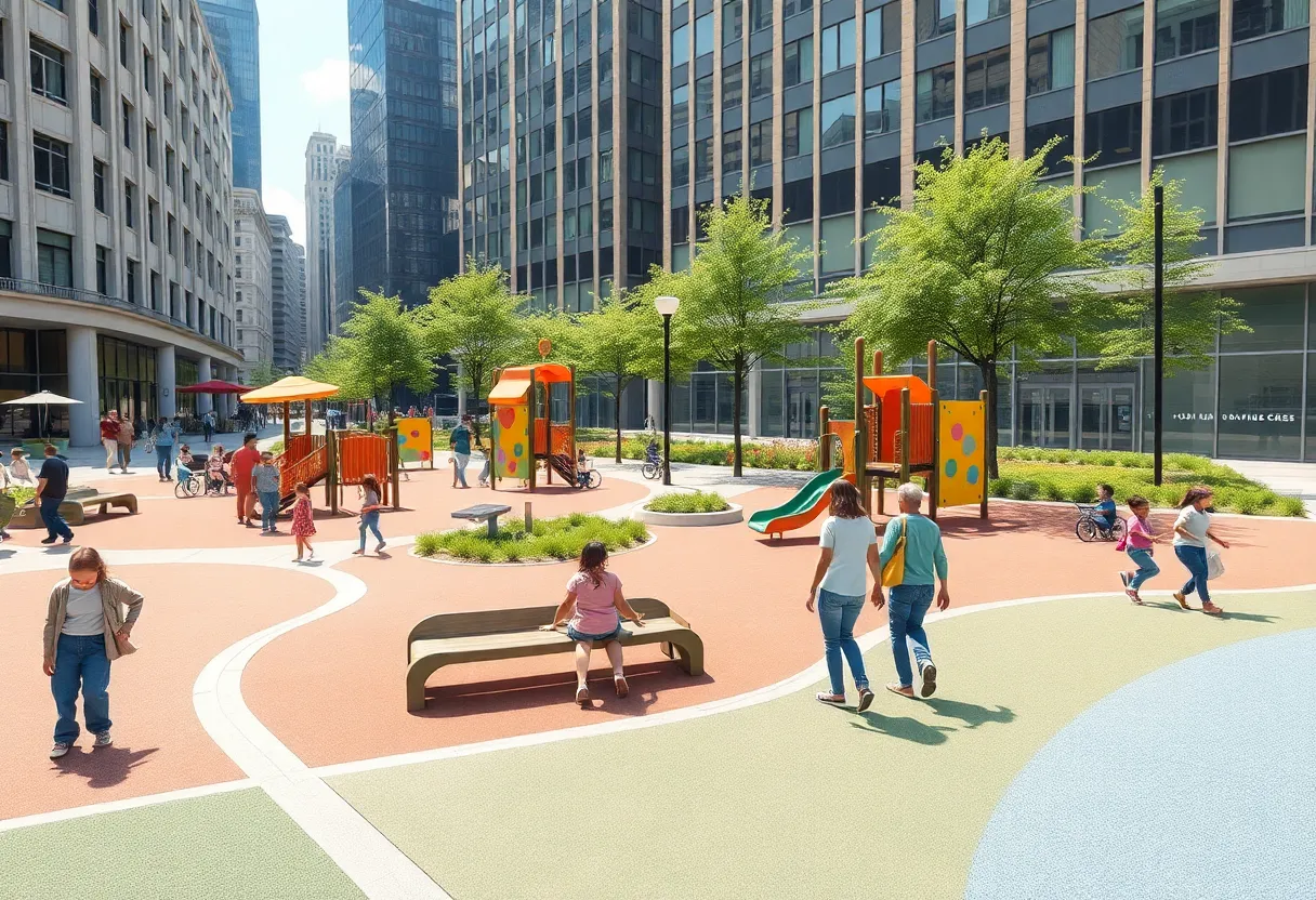 Rendering of inclusive playground at Spirit Plaza with accessible equipment and families