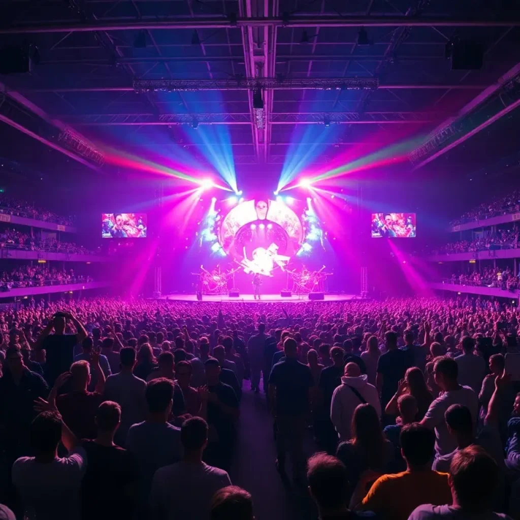 Crowd at a concert with vibrant lights and an energetic atmosphere.