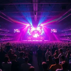 Crowd at a concert with vibrant lights and an energetic atmosphere.
