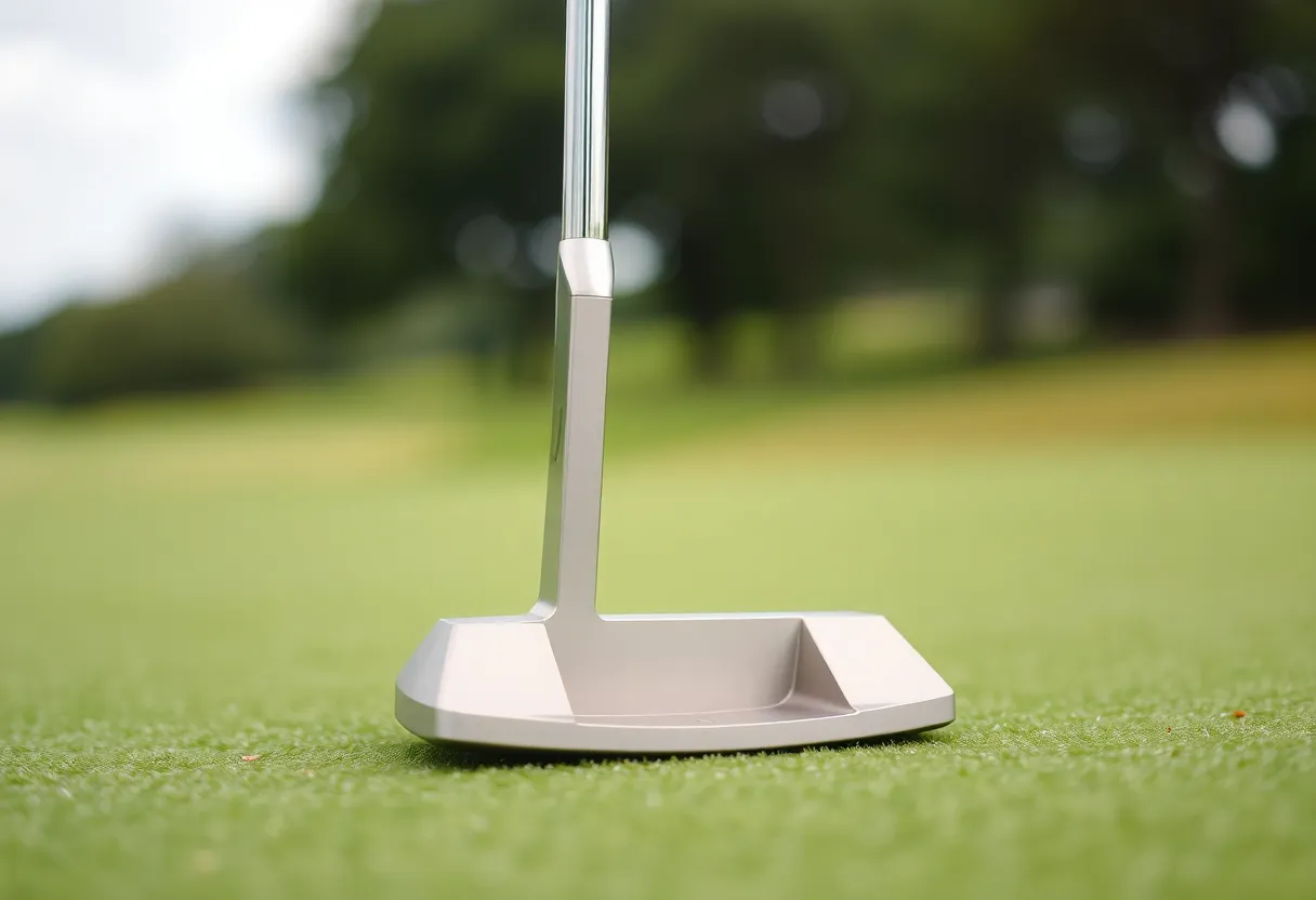 A premium golf putter on a putting green