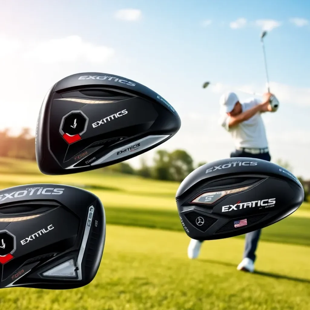 The new Exotics drivers from Tour Edge displayed on a golf course.