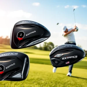 The new Exotics drivers from Tour Edge displayed on a golf course.
