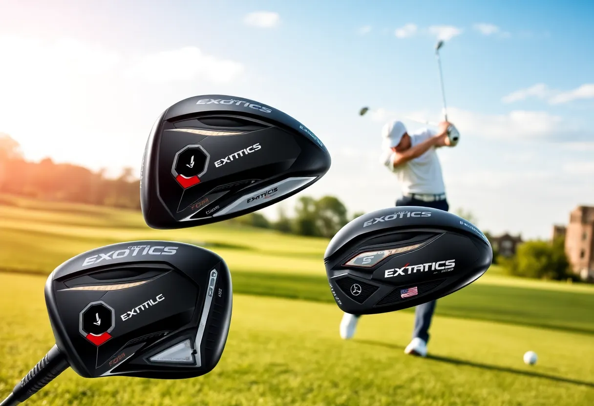 The new Exotics drivers from Tour Edge displayed on a golf course.