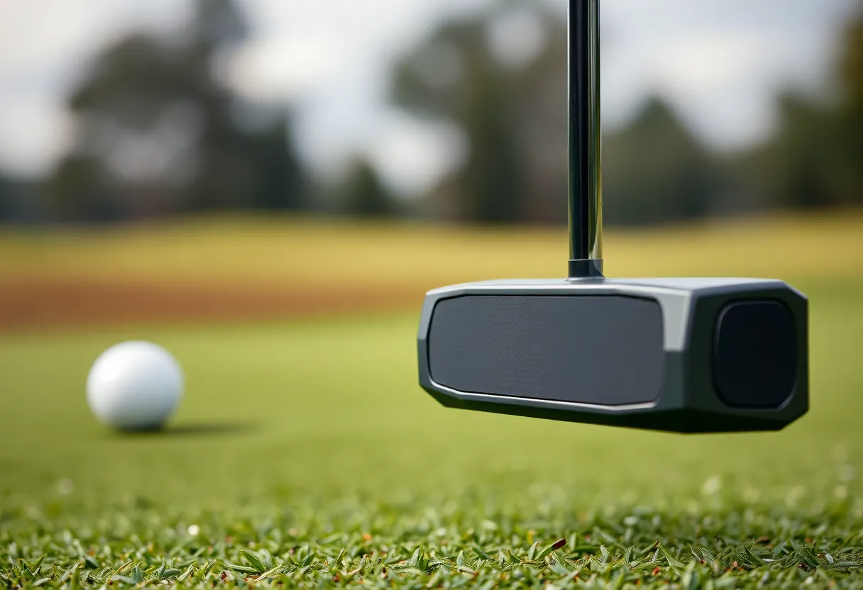 Close-up of Odyssey's Tri-Hot S2S putter on a golf course