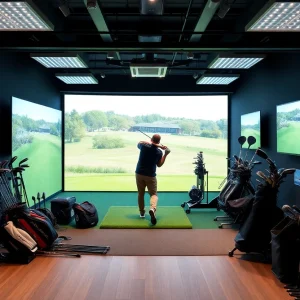 Interior view of a True Spec Golf fitting studio with golf clubs.